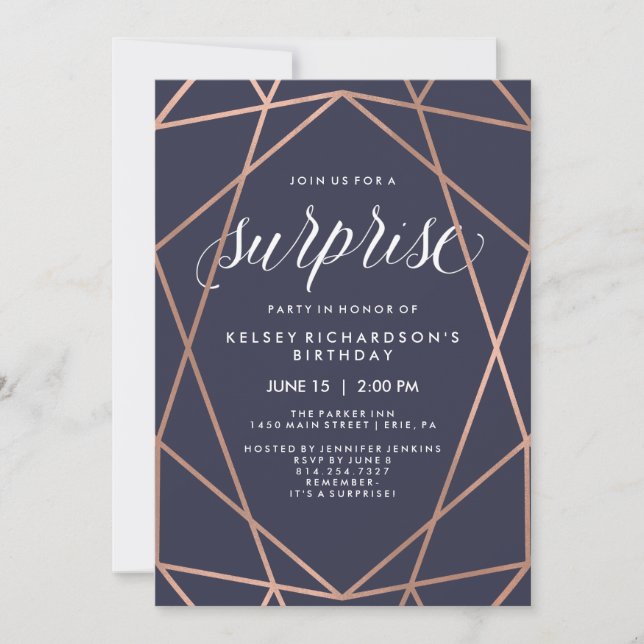 Midnight Blue and Geometric Lines | Surprise Party Invitation (Front)
