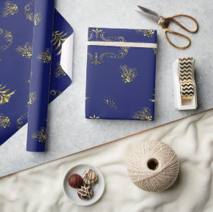Midnight Blue and Gold Decorative Christmas Wrapping Paper