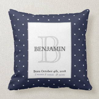 Midnight Blue and Monogram Birth Stats Keepsake Throw Pillow