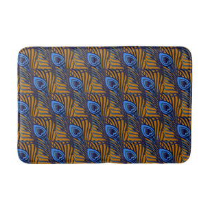 Midnight blue and orange peacock feather pattern bath mat