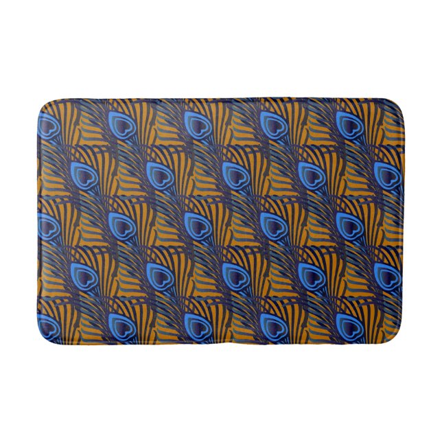 Midnight blue and orange peacock feather pattern bath mat (Front)