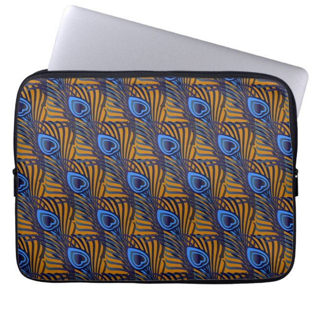 Midnight blue and orange peacock feather pattern laptop sleeve (Front)