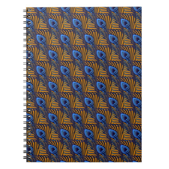 Midnight blue and orange peacock feather pattern notebook (Front)