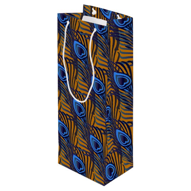Midnight blue and orange peacock feather pattern wine gift bag (Back Angled)
