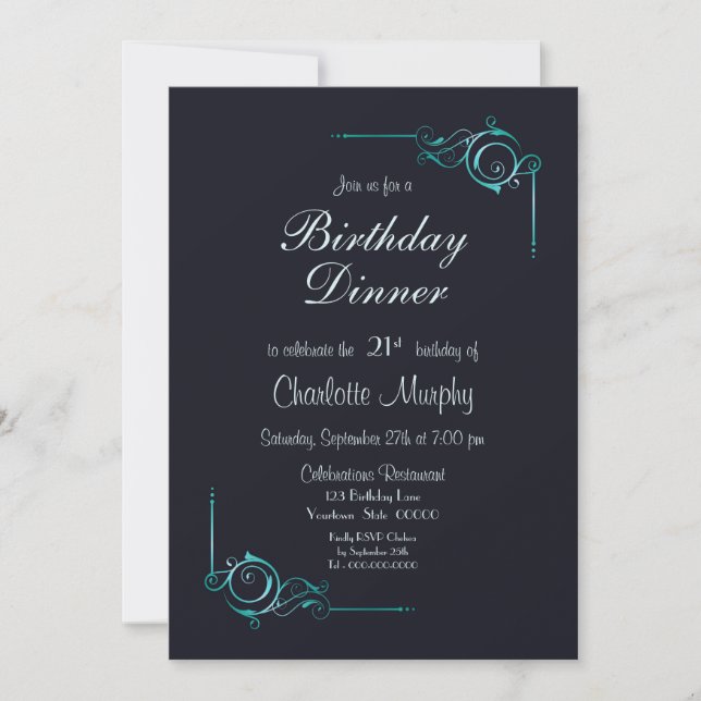 Midnight Blue and Turquoise 21st Birthday Dinner Invitation (Front)