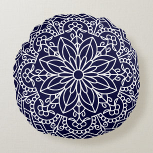 Midnight Blue and White Floral Mandala Round Pillow