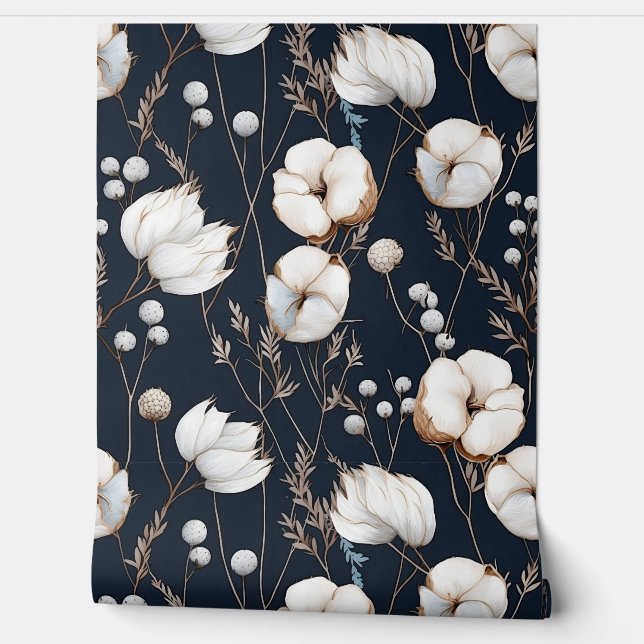 Midnight Blue and White Flower  Wallpaper (Unrolling)