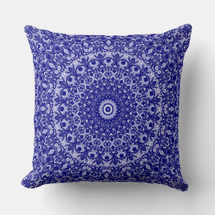 Midnight Blue and White Mandala Pattern Throw Pillow