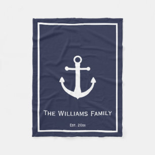 Midnight Blue and White Nautical Anchor Fleece Blanket
