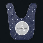 Midnight Blue and White Stars pattern Monogrammed Bib<br><div class="desc">Nautical themed monogram with bright white stars on a background of midnight blue printed baby boy's bib. Personalize the Big Letter and the texts to suit your needs. Perfect as a gift for baby shower for baby boy!</div>