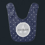 Midnight Blue and White Stars pattern Monogrammed Bib<br><div class="desc">Nautical themed monogram with bright white stars on a background of midnight blue printed baby boy's bib. Personalize the Big Letter and the texts to suit your needs. Perfect as a gift for baby shower for baby boy!</div>