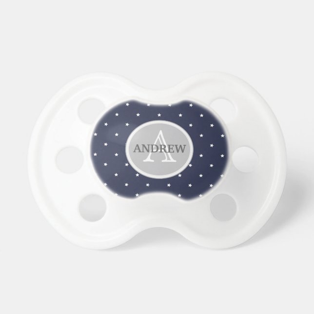 Midnight Blue and White Stars pattern Monogrammed Pacifier (Front)