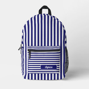 Midnight Blue and White Vintage Striped Name Printed Backpack