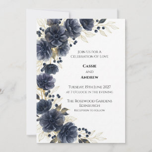 Midnight Blue Anemone Berry Wedding Invitation