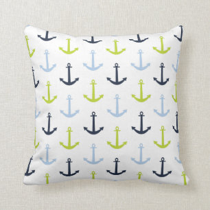 Midnight Blue, Baby Blue, Lime Green Anchors Throw Pillow