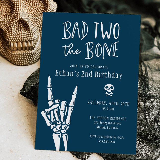 Midnight Blue Bad Two The Bone 2nd Birthday Party Invitation (Creator Uploaded)