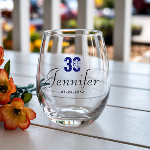 Midnight Blue Birthday Number   Black Name Date Stemless Wine Glass