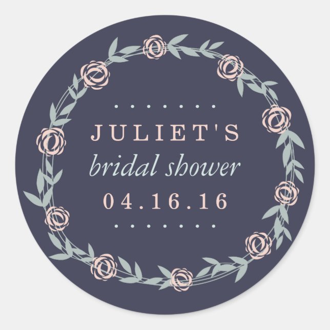 Midnight Blue, Blush and Sage Bridal Shower Favour Classic Round Sticker (Front)