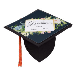 Midnight Blue Blush Floral Graduation Cap Topper