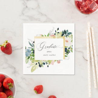 Midnight Blue Blush Floral Graduation Card Napkin