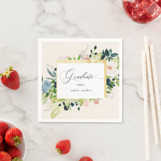Midnight Blue Blush Floral Graduation Card Napkins