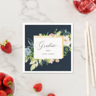 Midnight Blue Blush Floral Graduation Napkins