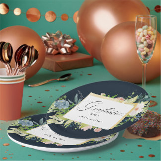 Midnight Blue Blush Floral Graduation Paper Plate