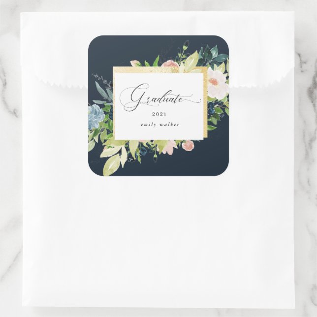 Midnight Blue Blush Floral Graduation Square Sticker (Bag)