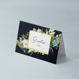 Midnight Blue Blush Floral Photo Folded Graduation Card