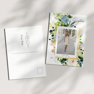 Midnight Blue Blush Floral Photo Graduation Announcement Postcard