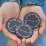 Midnight Blue, Blush Pink and Sage Bridesmaid 2 Inch Round Button<br><div class="desc">Identify the key players at your bridal shower with our sweetly chic floral buttons. "Bridesmaid" design features a midnight blue background and a wreath of pale blush pink flowers and sage green leaves.</div>