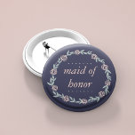 Midnight Blue, Blush Pink and Sage Maid of Honour 2 Inch Round Button<br><div class="desc">Identify the key players at your bridal shower with our sweetly chic floral buttons. Design features a midnight blue background and a wreath of pale blush pink flowers and sage green leaves,  and "Maid of Honour" in coordinating pastel pink italic lettering.</div>