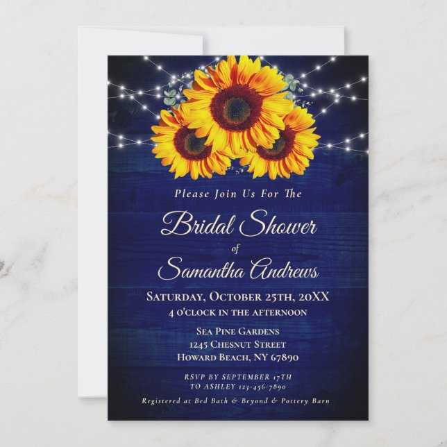 Midnight Blue Bridal Shower Sunflower String Light Invitation (Front)