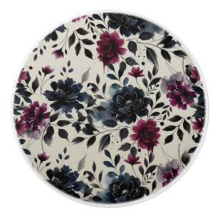 Midnight Blue Burgundy Inky Floral Almond Beige Ceramic Knob
