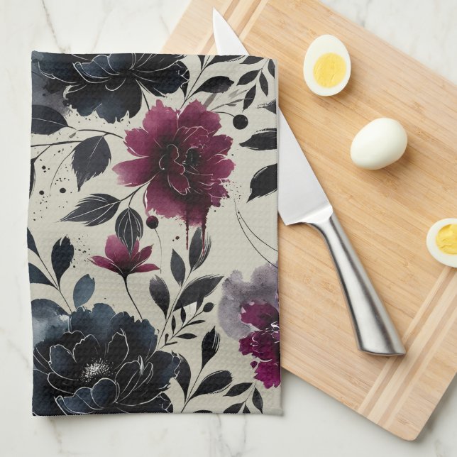Midnight Blue Burgundy Inky Floral Almond Beige Kitchen Towel (Quarter Fold)