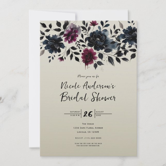 Midnight Blue Burgundy Inky Floral Almond Bridal  Invitation (Front)