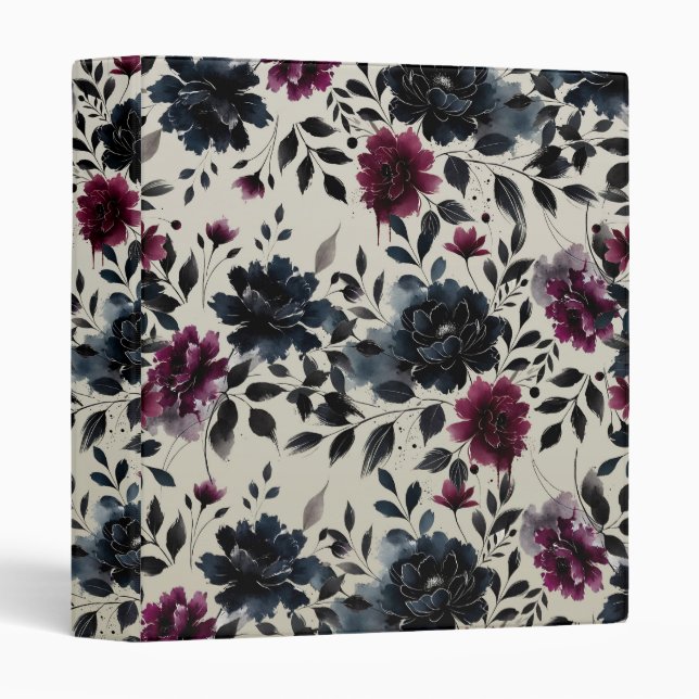 Midnight Blue Burgundy Inky Floral Almond Wedding Binder (Front/Spine)