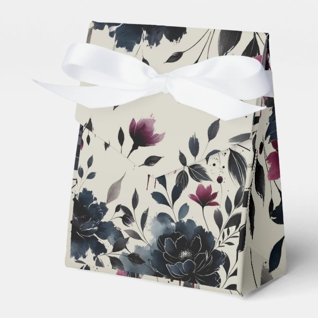 Midnight Blue Burgundy Inky Floral Almond Wedding Favor Box (Front Side)