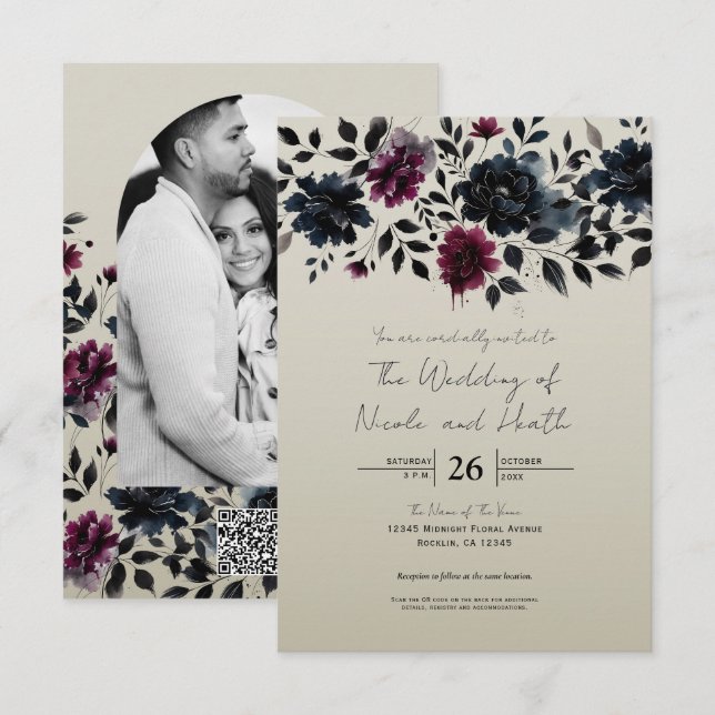 Midnight Blue Burgundy Inky Floral Almond Wedding Invitation (Front/Back)
