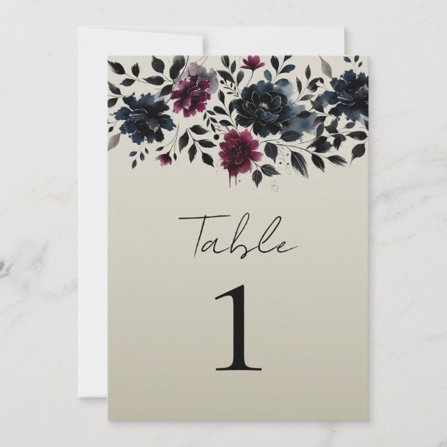 Midnight Blue Burgundy Inky Floral Almond Wedding Invitation (Front)