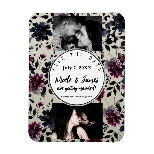Midnight Blue Burgundy Inky Floral Almond Wedding Magnet (Vertical)
