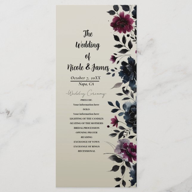 Midnight Blue Burgundy Inky Floral Almond Wedding Program (Front)