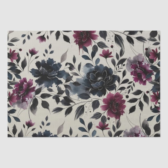 Midnight Blue Burgundy Inky Floral Almond Wedding Tissue Paper (Front)
