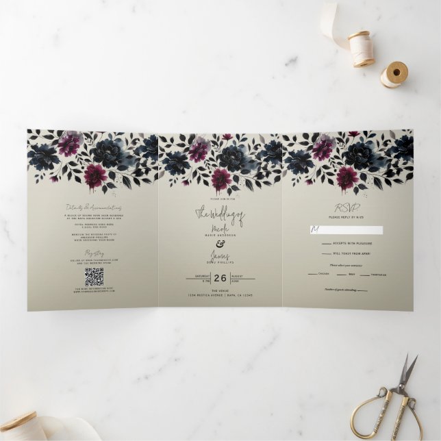 Midnight Blue Burgundy Inky Floral Almond Wedding Tri-Fold Invitation (Inside)