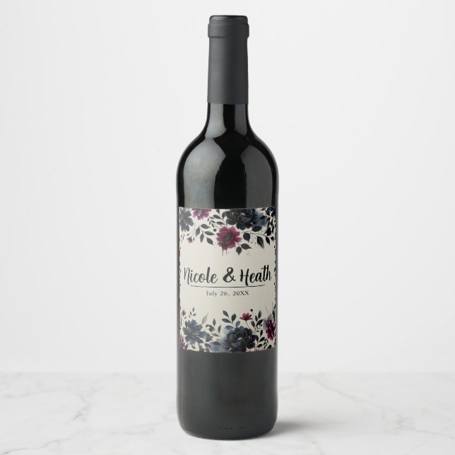 Midnight Blue Burgundy Inky Floral Almond Wedding Wine Label (Front)