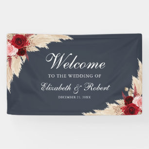 Midnight Blue Burgundy Roses Welcome Wedding Banner