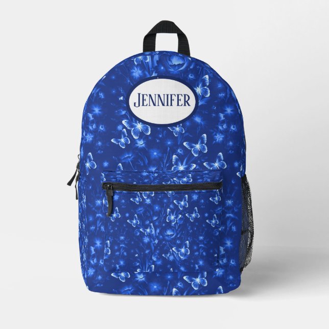 Midnight Blue Butterflies Printed Backpack (Front)