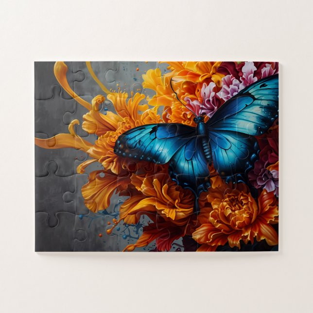 Midnight Blue Butterfly Deep Orange Flowers Jigsaw Puzzle (Horizontal)