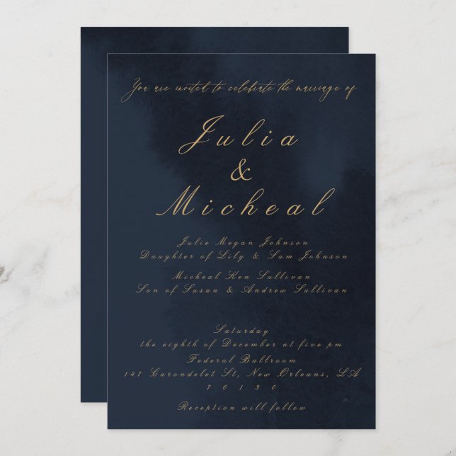 Midnight Blue Calligraphy Wedding Invitation (Front/Back)