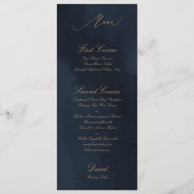 Midnight Blue Calligraphy Wedding Menu Card (Front)